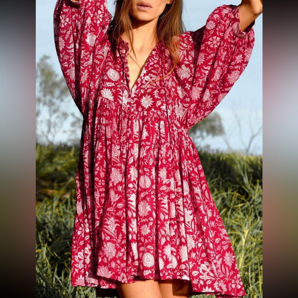 Boho floral print lantern sleeve dress - Picture 4 of 6